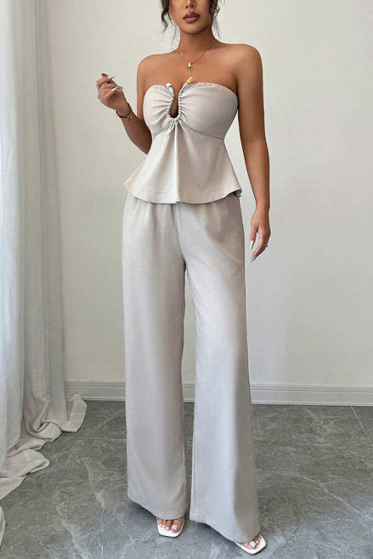 Solid Color Off-shoulder Backless Tube Top and Casual Pocket Straight Pants Set