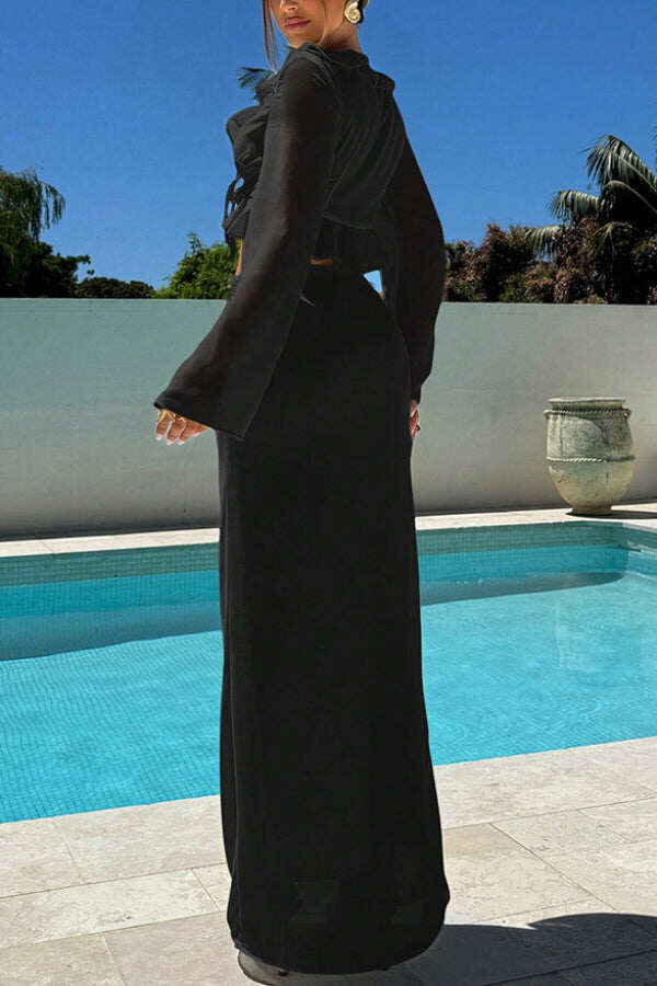 Solid Color V-neck Ruffled Long-sleeved Top and Elegant Slim-fit Maxi Skirt Set