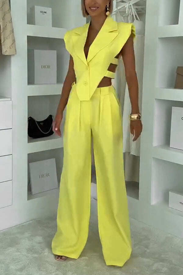 Fashion Style Lapel Waist-baring Irregular Vest and  Elastic Waist Pocket Loose Pants Set