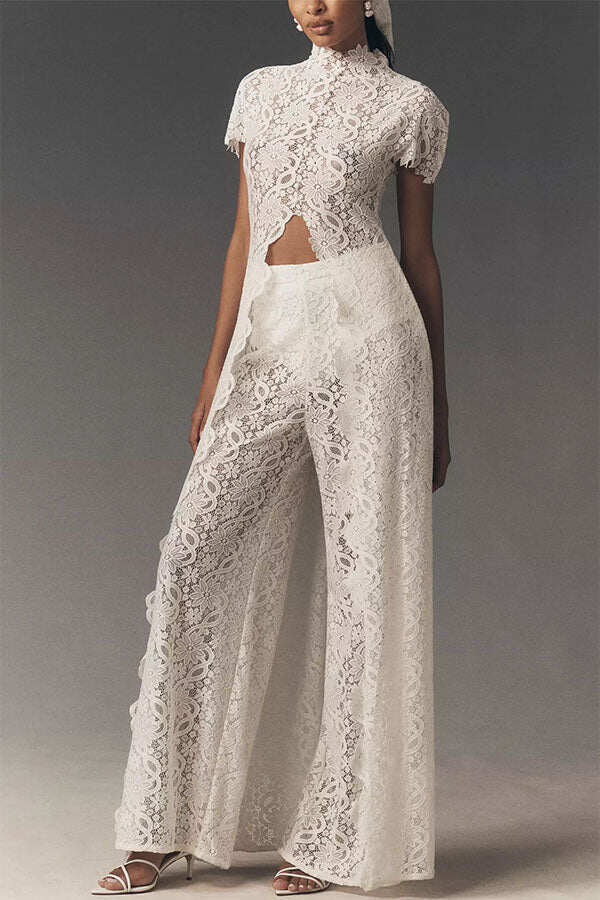Elegance Avant-garde Floral Lace Short Sleeve High Low Top and High Rise Wide Leg Pants Set