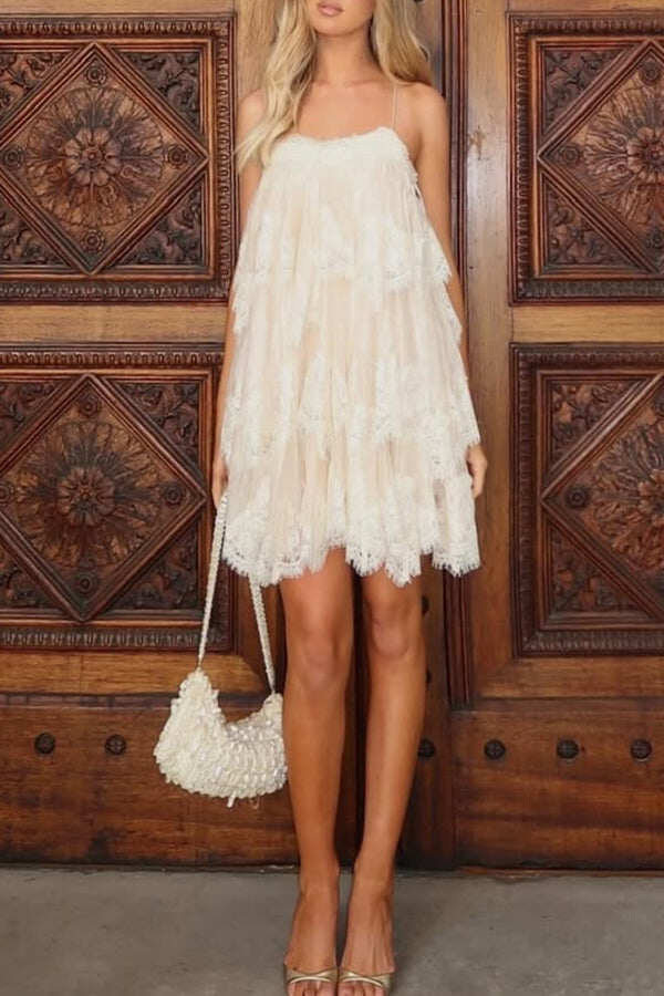 Ophelia Layered Lace Trim Tiers Adjustable Straps Backless A-line Mini Dress