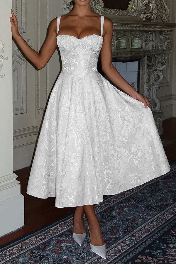 Palace Style Jacquard Fabric Backless Tie Slim Midi Dress