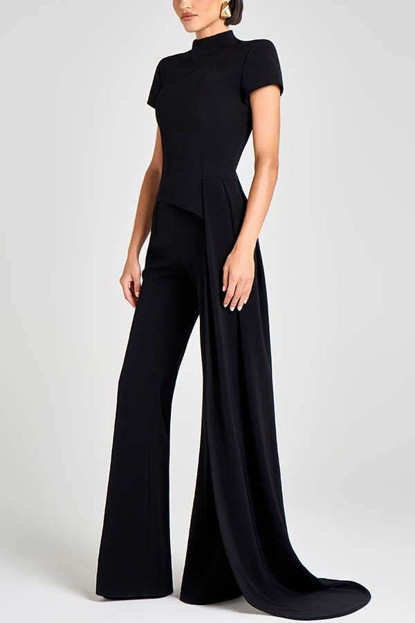 Pippa High Neck Short Sleeve Irregular Drape Hem Top and Elastic Waist Flare Pants Set