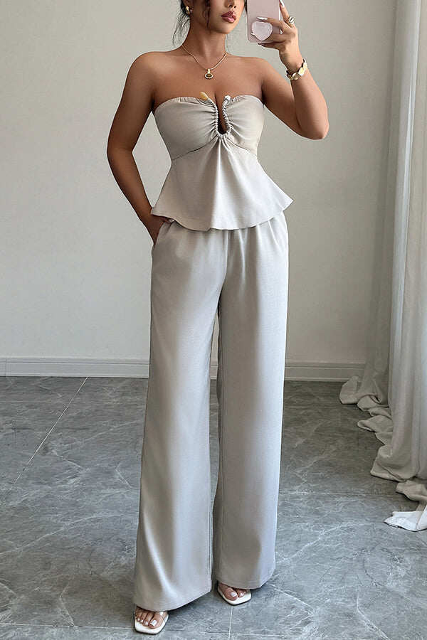 Solid Color Off-shoulder Backless Tube Top and Casual Pocket Straight Pants Set