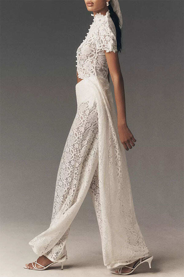 Elegance Avant-garde Floral Lace Short Sleeve High Low Top and High Rise Wide Leg Pants Set