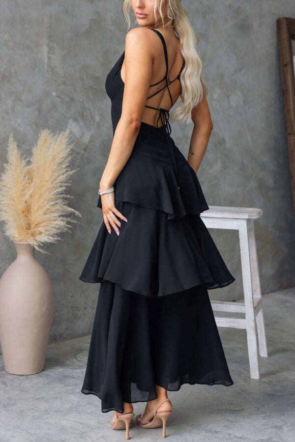 Solid Color V-neck Sleeveless Elegant Layered Maxi Dress