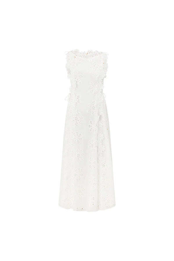 Mairi Embroidery Hollow Fabric Delicate Flower Trim Side Lace-up Maxi Dress