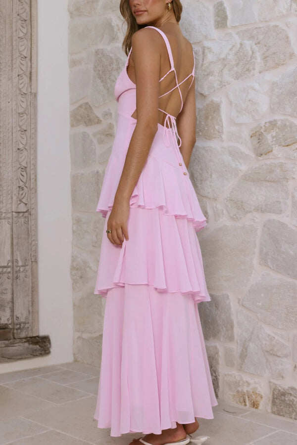 Solid Color V-neck Sleeveless Elegant Layered Maxi Dress