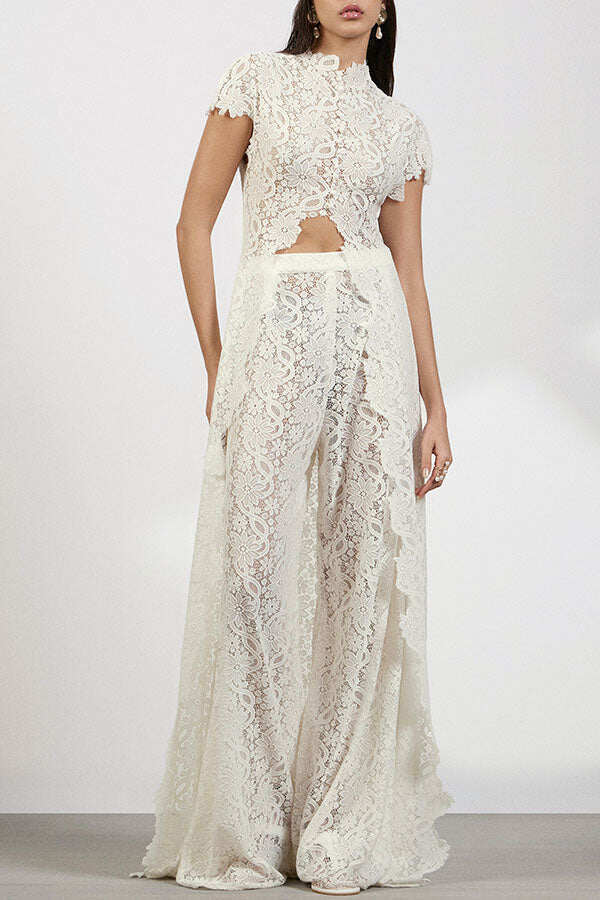 Elegance Avant-garde Floral Lace Short Sleeve High Low Top and High Rise Wide Leg Pants Set