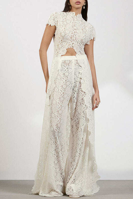 Elegance Avant-garde Floral Lace Short Sleeve High Low Top and High Rise Wide Leg Pants Set