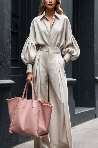 Solid Color Lapel Long-sleeved Loose Shirt and Casual Wide-leg Pants Set