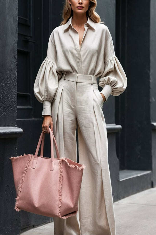 Solid Color Lapel Long-sleeved Loose Shirt and Casual Wide-leg Pants Set
