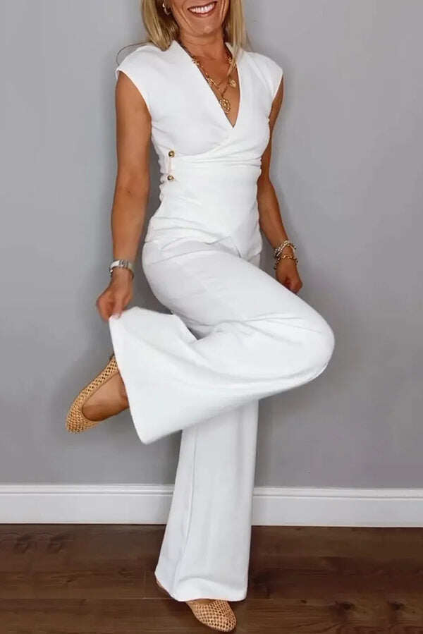 Solid Color V-neck Metal Buttoned Pleated Top and Casual Straight Pants Set