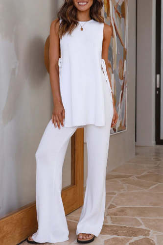 Zita Knit Open Sides Tie- Up Top and Adjustable Elastic Waist Flare Pants Set