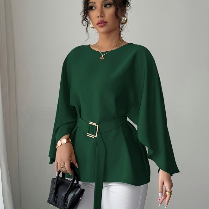 ✨ Elegant Round Neck Long Sleeve Tie Waist Loose Top