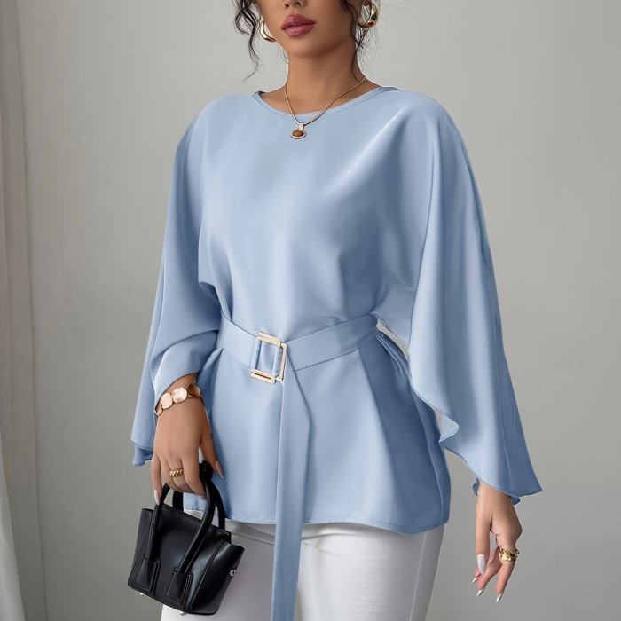 ✨ Elegant Round Neck Long Sleeve Tie Waist Loose Top
