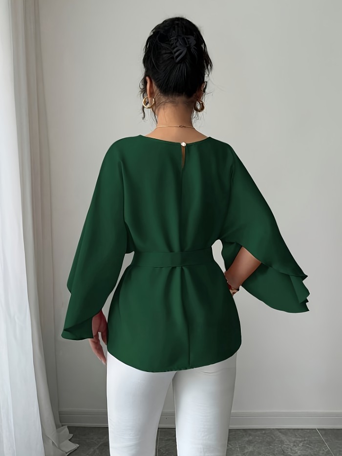 ✨ Elegant Round Neck Long Sleeve Tie Waist Loose Top