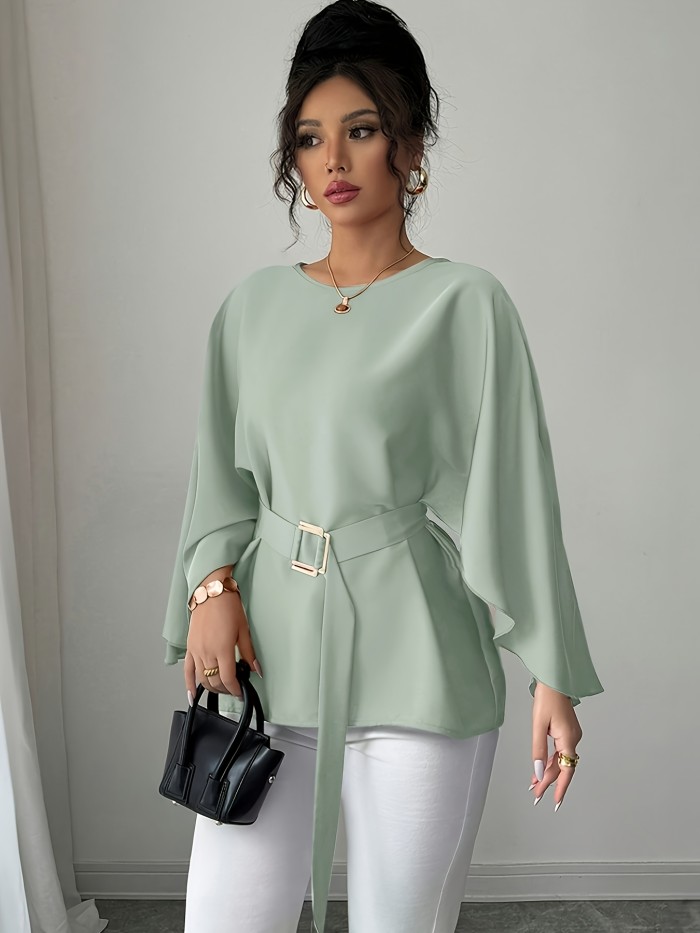 ✨ Elegant Round Neck Long Sleeve Tie Waist Loose Top