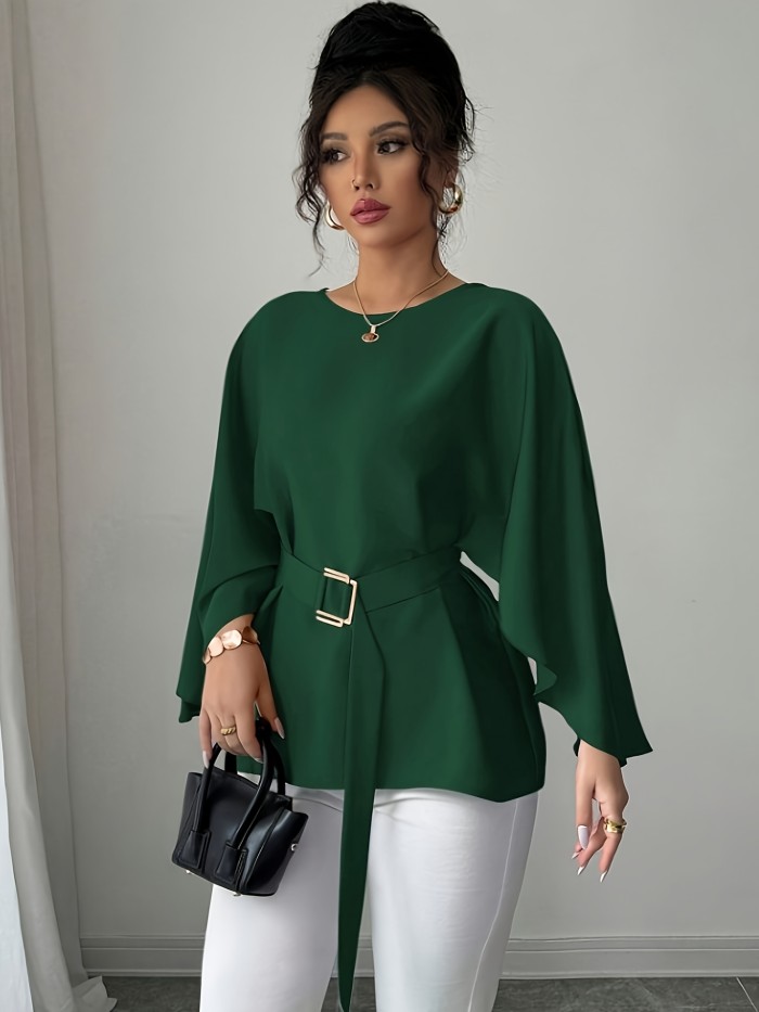 ✨ Elegant Round Neck Long Sleeve Tie Waist Loose Top