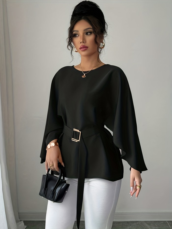 ✨ Elegant Round Neck Long Sleeve Tie Waist Loose Top