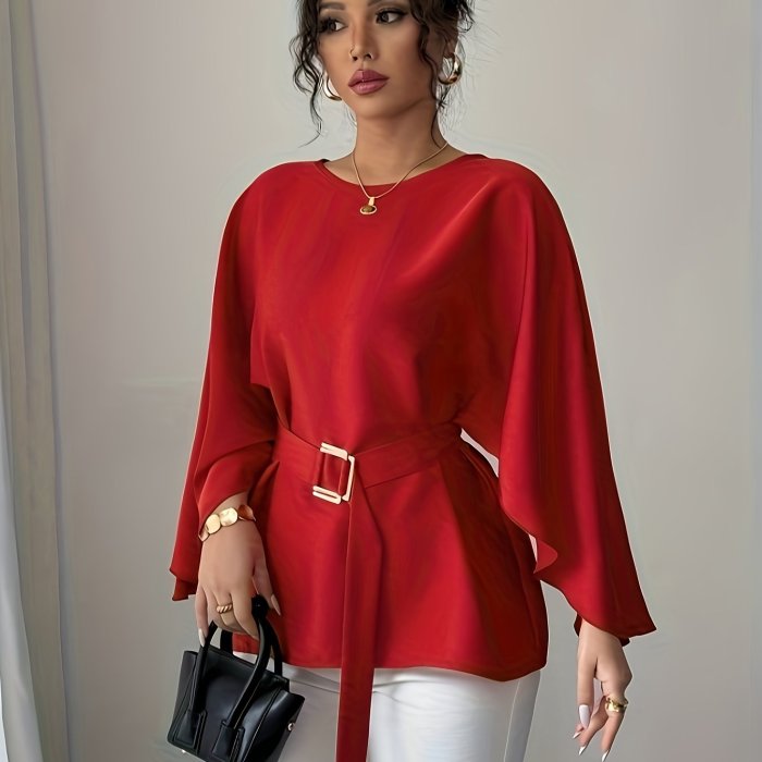 ✨ Elegant Round Neck Long Sleeve Tie Waist Loose Top