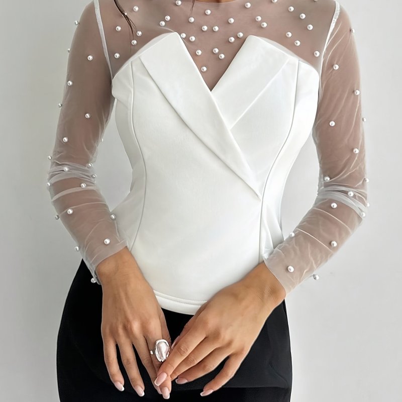 ✨ Plus Size Beaded Mesh Long Sleeve Top V-Neck Sparkle Commute Date Elegant 🌟