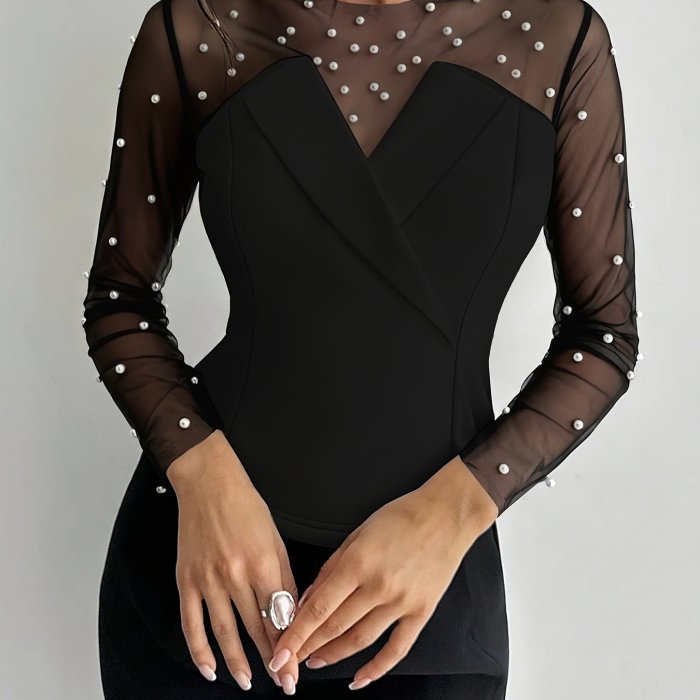 ✨ Plus Size Beaded Mesh Long Sleeve Top V-Neck Sparkle Commute Date Elegant 🌟