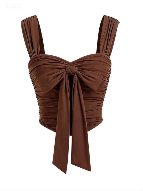 ✨ Brown Ruched Tie Bow Crop Top Double Wide Straps Camisole Casual Streetwear 🌸