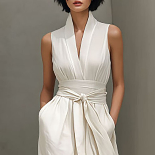 ✨ Sleeveless V-Neck Linen Maxi Dress Lace-Up Pocket Beach Vacation Dress 🌿