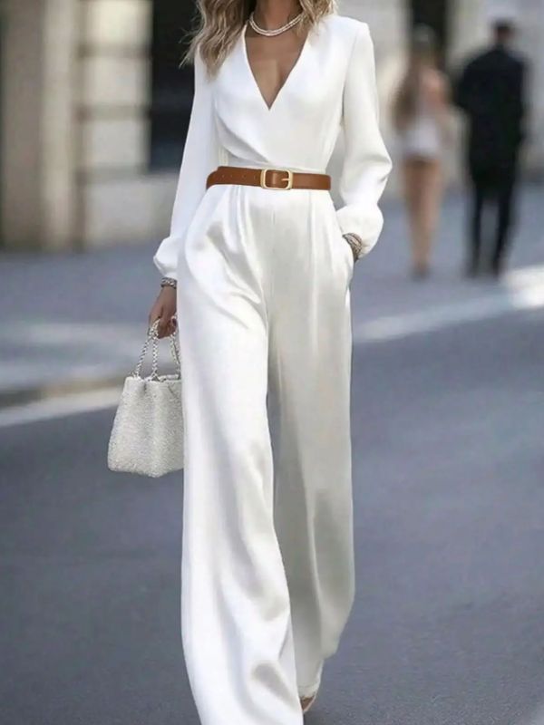 ✨ Elegant V-Neck Satin Jumpsuit With Belt Autumn Women's Outfit 🌹