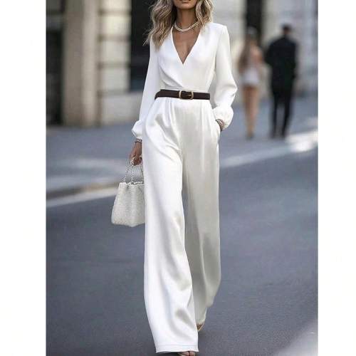 ✨ Elegant V-Neck Satin Jumpsuit With Belt Autumn Women's Outfit 🌹
