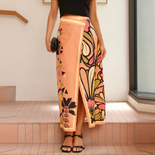 ✨Bohemian Retro Printed Skirt High Waist Hip Wrap Design Elegant Mid Slit All Match Long Skirt 🪷