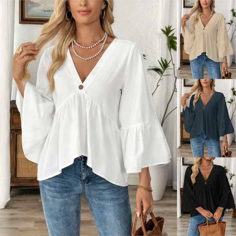 ✨ V-Neck Ruffle Sleeve Top, Button Design & Irregular Hem Solid Long Sleeve Blouse 🌸