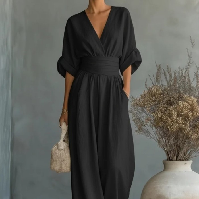 ✨2026 V-Neck Waist Jumpsuit, Solid Color Mid-Sleeve Wide Leg Elegant Women Outfit 🌹