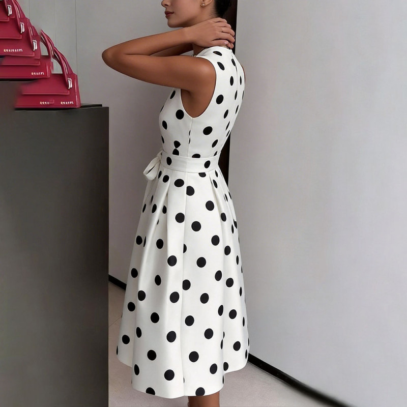 Summer Polka Dot Print  Fashion Sleeveless V-neck Elegant Slim Dress