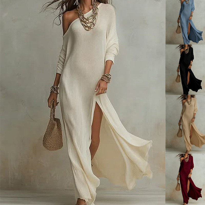 ✨  Off-Shoulder Knit Dress Long Sleeve Pleated Slit Solid Loose Elegant Maxi 🌷
