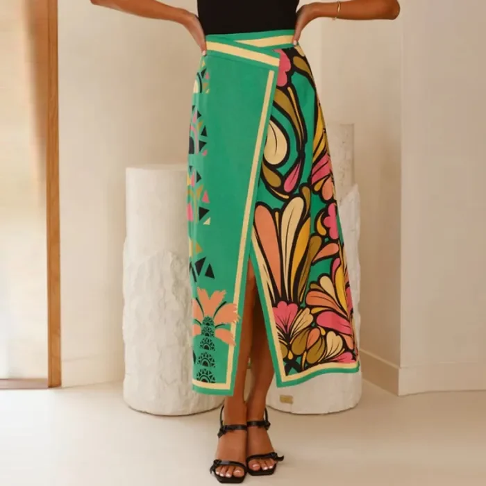✨Bohemian Retro Printed Skirt High Waist Hip Wrap Design Elegant Mid Slit All Match Long Skirt 🪷