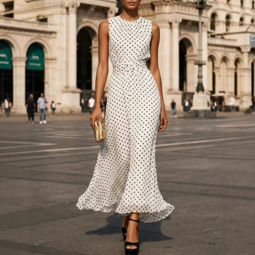 ✨2026 Polka Dot Long Dress, O-neck Sleeveless Elegant Casual Maxi Dress 🤍