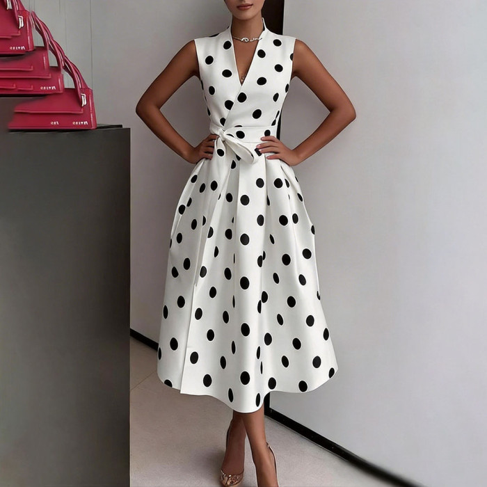 Summer Polka Dot Print  Fashion Sleeveless V-neck Elegant Slim Dress