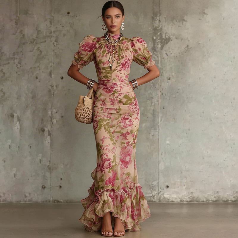 ✨Floral Bodycon Maxi Dress O-Neck Short Sleeve Elegant Women Wear 🌸