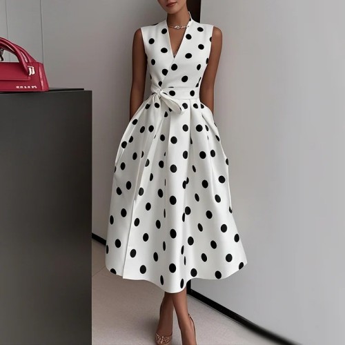 Summer Polka Dot Print  Fashion Sleeveless V-neck Elegant Slim Dress