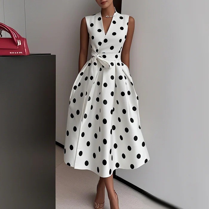 Summer Polka Dot Print  Fashion Sleeveless V-neck Elegant Slim Dress