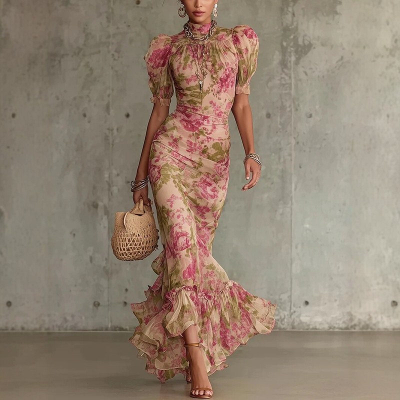 ✨Floral Bodycon Maxi Dress O-Neck Short Sleeve Elegant Women Wear 🌸