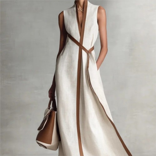 ✨Contrast Color Stand Collar Dress Lace-Up Sleeveless Cotton Linen Long Gown 🌿