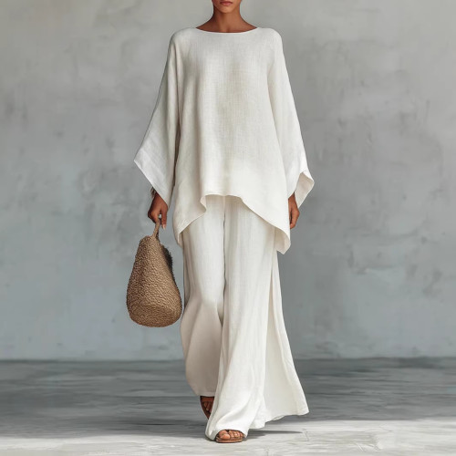 ✨ 2026 Casual Two-Piece Set O-Neck Long Sleeve Top & Wide Leg Pants Elegant Daily Outfit 🌼