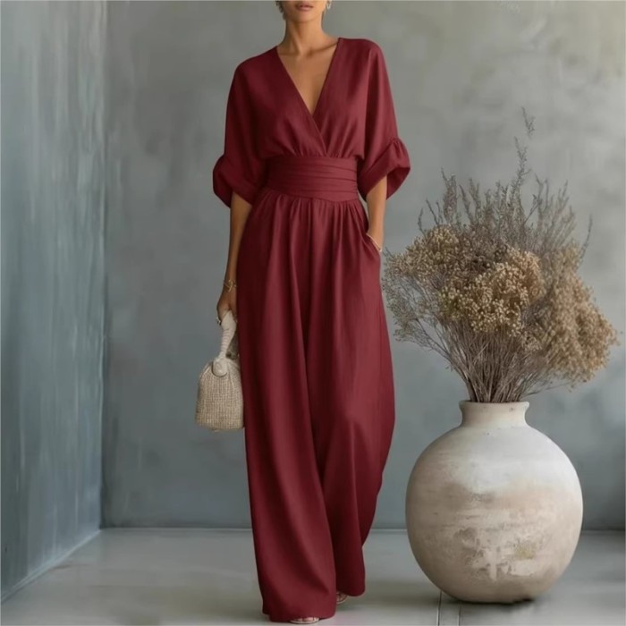 ✨2026 V-Neck Waist Jumpsuit, Solid Color Mid-Sleeve Wide Leg Elegant Women Outfit 🌹