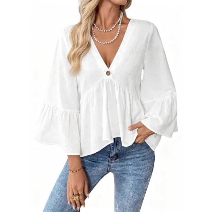 ✨ V-Neck Ruffle Sleeve Top, Button Design & Irregular Hem Solid Long Sleeve Blouse 🌸