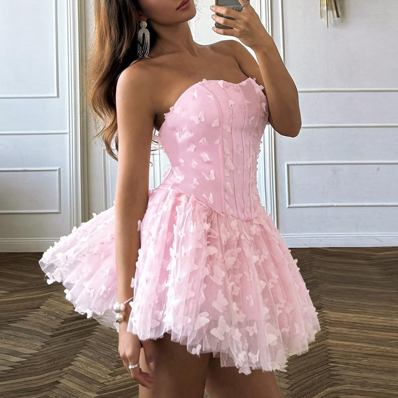 ✨Off Shoulder Hollow Pleated Dress Pink Butterfly Mesh High Waist Mini Party Dress 🦋