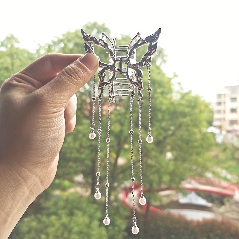 🦋 Elegant Hollow Imitation Pearl Butterfly Tassel Hair Clip Chain Beads Fairy Temperament Half Tie Hair Accessories