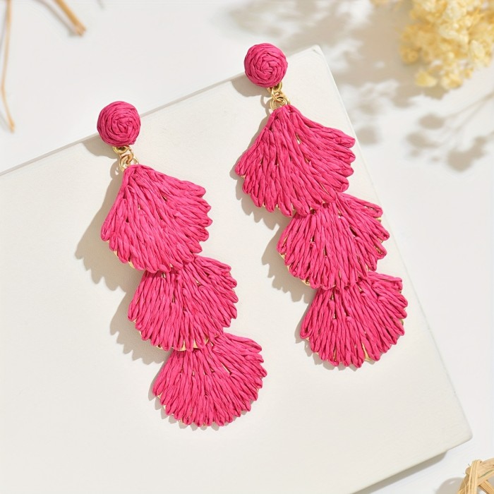 🐚 Bohemian Shell Long Drop Earrings Vintage Raffia Grass Ocean Style For Beach Vacation Ideal Gift For Women